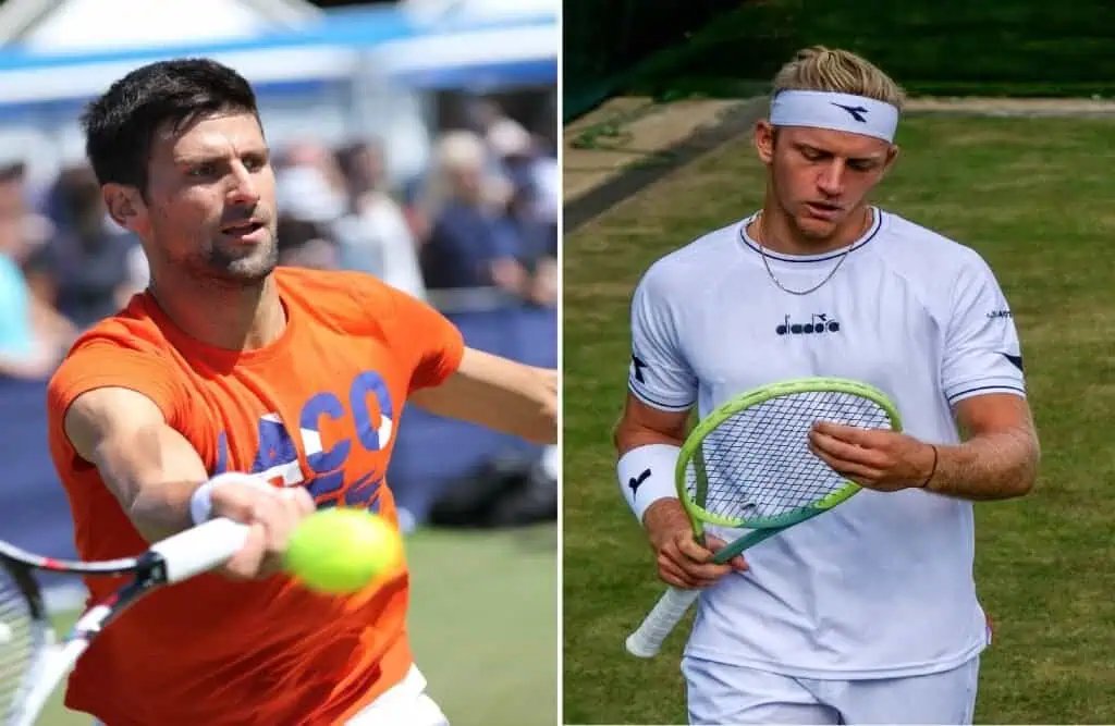 Una imagen dividida que muestra a Novak Djokovic golpeando una derecha y a Alejandro Davidovich Fokina mirando las cuerdas de su raqueta, ambos ganadores del Día 3 de Wimbledon.