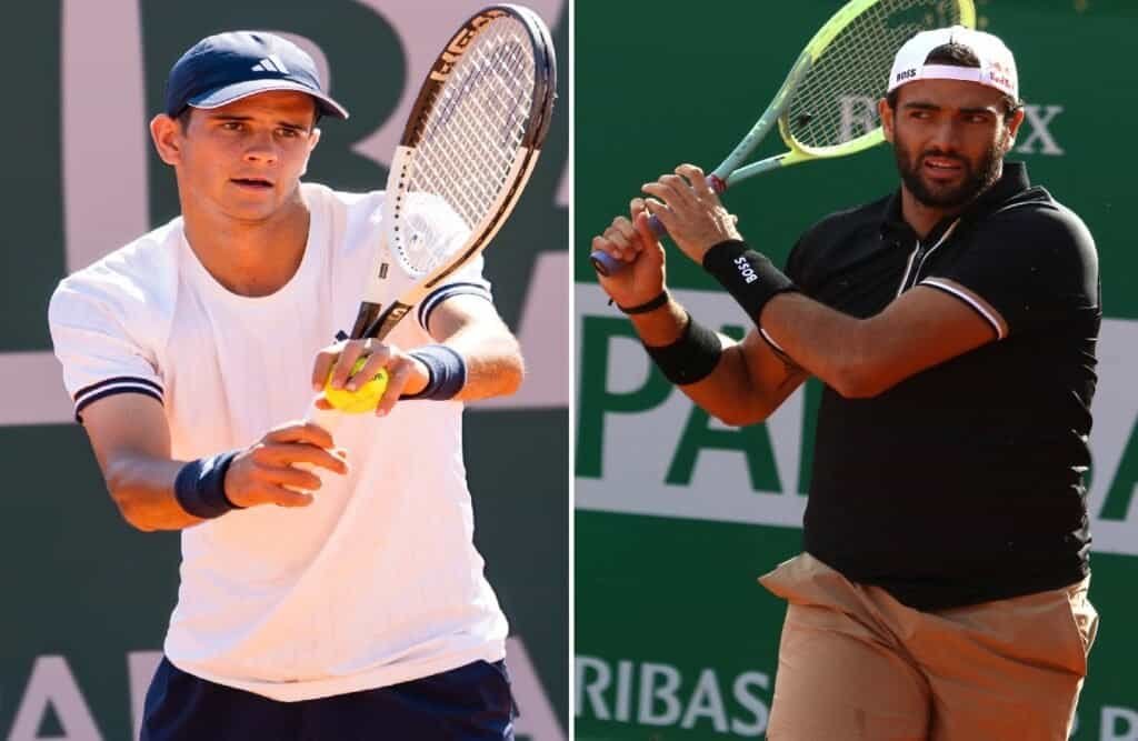 Une image divisée montrant Rafael Jodar se préparant à servir à gauche et Matteo Berrettini armant un revers à deux mains à droite, tous deux vainqueurs lors du Jour 4 de Wimbledon.