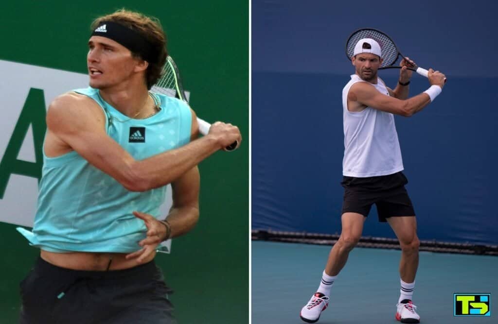 Une image divisée montrant Alexander Zverev à gauche et Grigor Dimitrov à droite préparant des revers, tous deux vainqueurs lors du Jour 6 de Wimbledon.