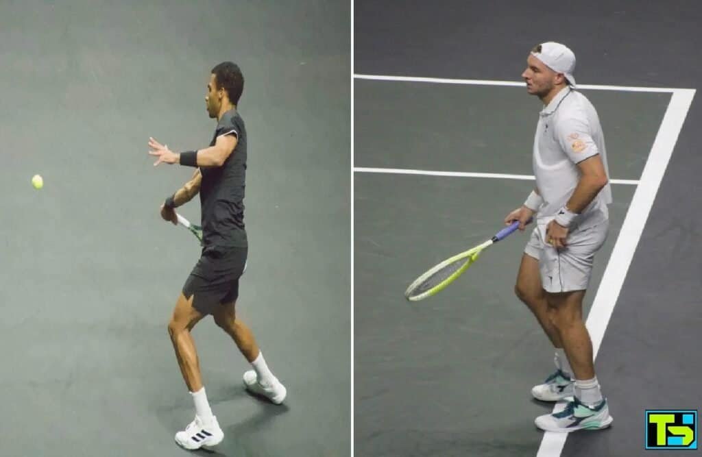 Une image divisée montrant Félix Auger-Aliassime à gauche frappant un coup droit et Jan-Lennard Struff à droite, tous deux vainqueurs lors du Jour 7 de Wimbledon.
