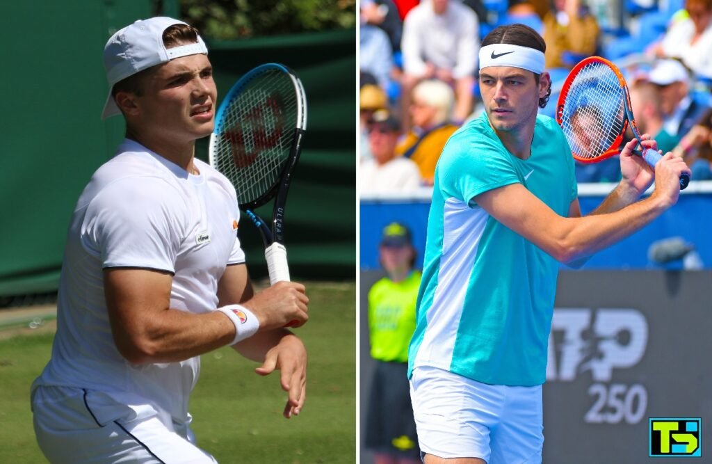 A split image showing Arthur Fery on the left and Taylor Fritz on the right, both winners on Day 8 of Wimbledon.