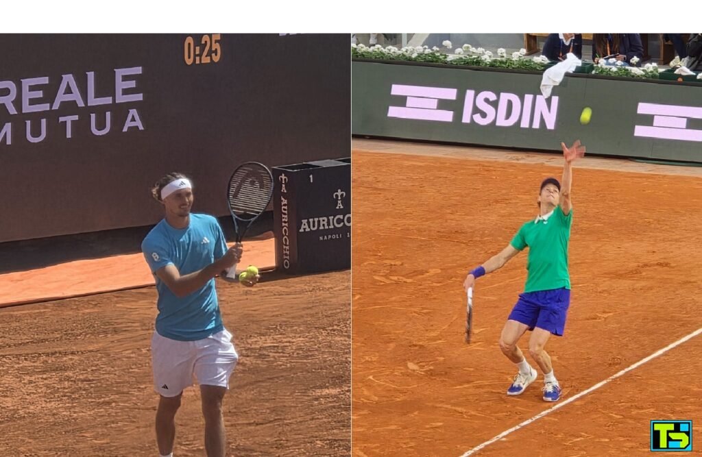 Une image divisée montrant Alexander Zverev à gauche et Jannik Sinner à droite au service, tous deux vainqueurs des demi-finales de Wimbledon.