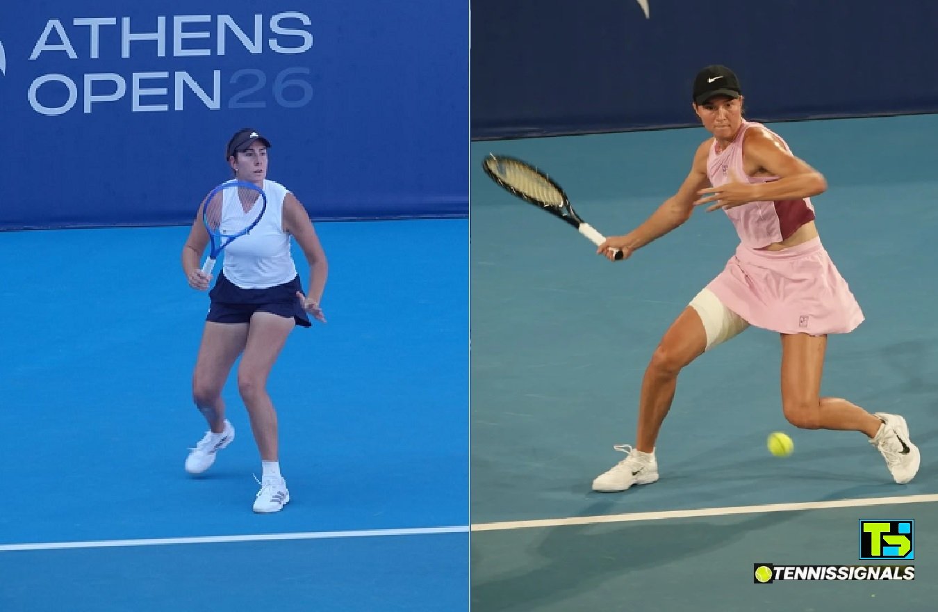 Une image en deux panneaux montrant deux joueuses de tennis féminines distinctes servant lors des qualifications du WTA Athens Open. Elena Micic (cheveux sombres, robe bleu marine) est à gauche ; Lilli Tagger (cheveux blonds, tenue marron) est à droite. Les deux images comportent le texte d'arrière-plan VANDA PHARMACEUTICALS.