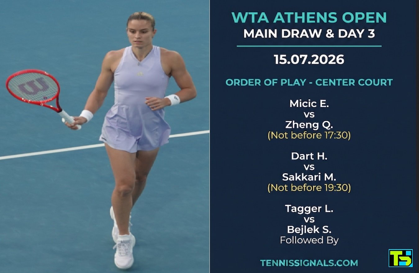 Programme officiel de la 3e journée du WTA Athens Open 2026 sur le court central, avec une photo de la joueuse de tennis grecque Maria Sakkari.