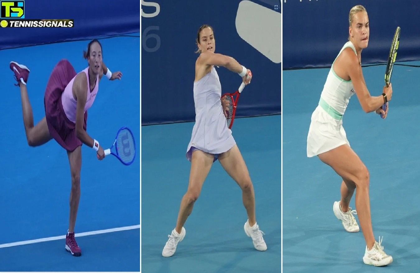 Collage of female tennis players Qinwen Zheng, Maria Sakkari, and Sara Bejlek in action during Day 3 of the WTA Athens Open 2026.