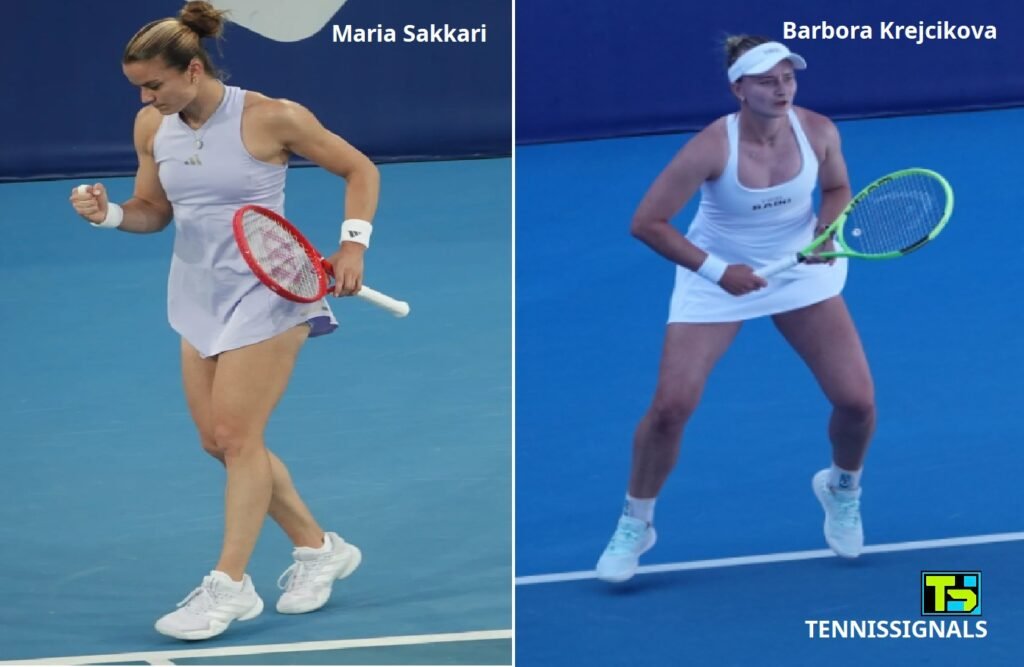 Grafika koja prikazuje teniserke Mariju Sakari i Barboru Krejčikovu pred finalni meč WTA turnira u Atini 2026.