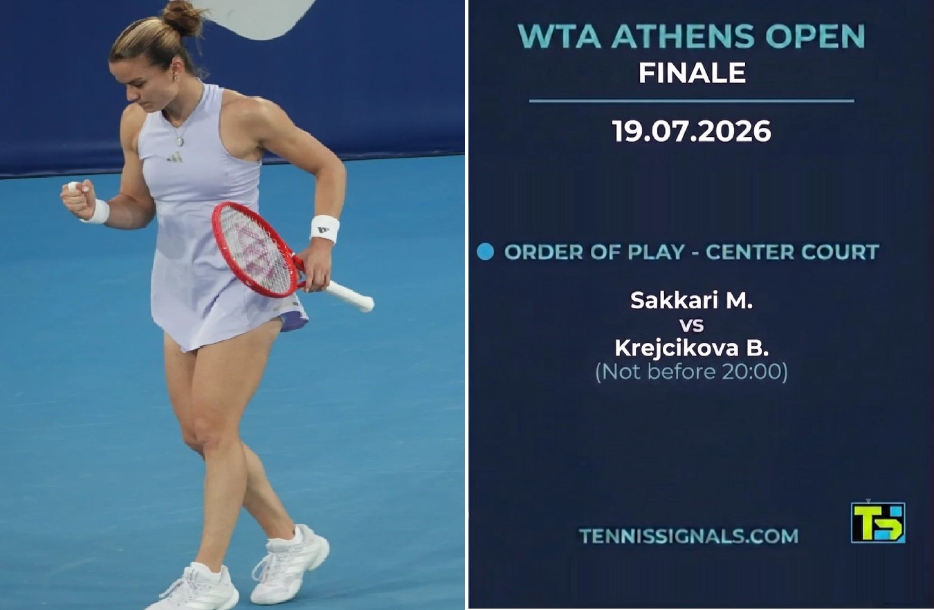 Graphique affichant le programme de la finale du WTA Athens Open 2026 entre Maria Sakkari et Barbora Krejcikova, avec une image de Maria Sakkari.