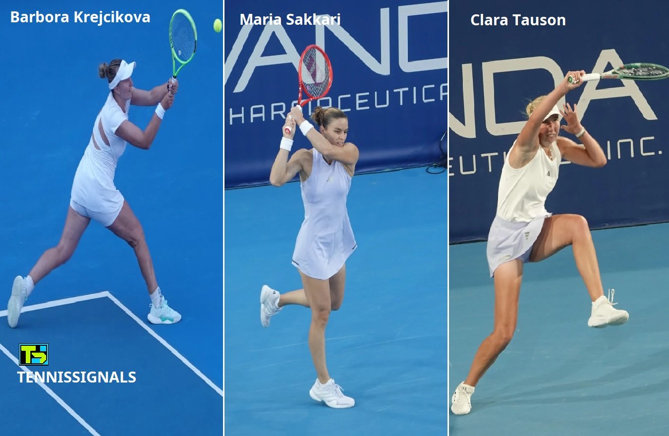 Collage de las tenistas Barbora Krejcikova, Maria Sakkari y Clara Tauson en acción durante el WTA Athens Open 2026.