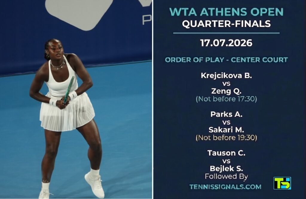 Grafički prikaz rasporeda mečeva četvrtfinala na Centralnom terenu za WTA Athens Open 2026, sa fotografijom američke teniserke Alycie Parks.