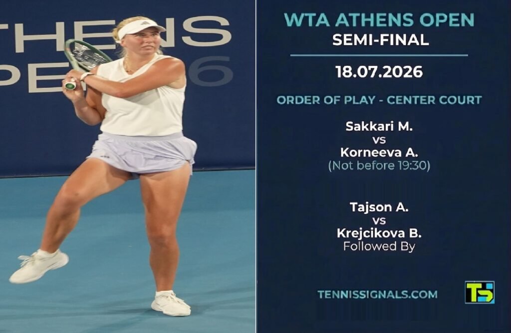 Graphic featuring tennis player Clara Tauson and the semi-final order of play for the WTA Athens Open on July 18, 2026.