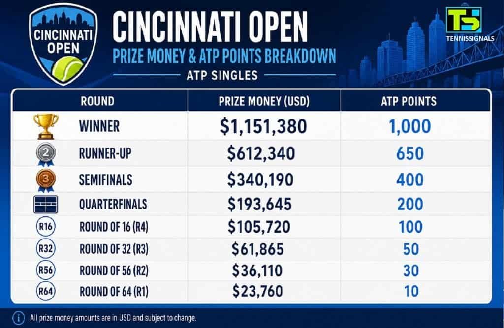 Tableau des dotations et des points ATP du Masters de Cincinnati 2026