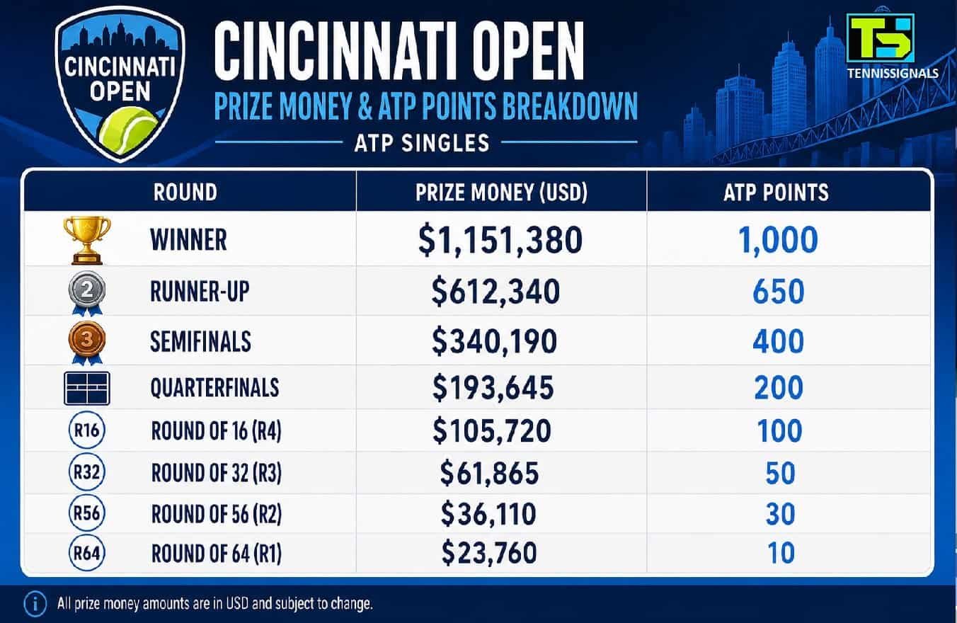 Tableau des dotations et des points ATP du Masters de Cincinnati 2026
