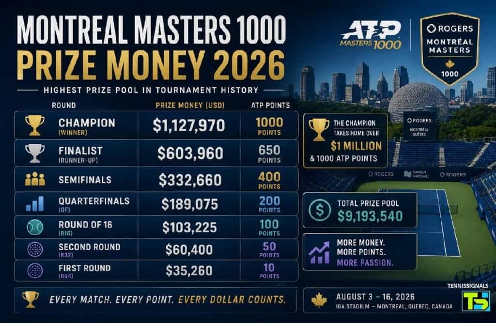 ATP Montreal 2026 fondo de premios y distribución de puntos por ronda