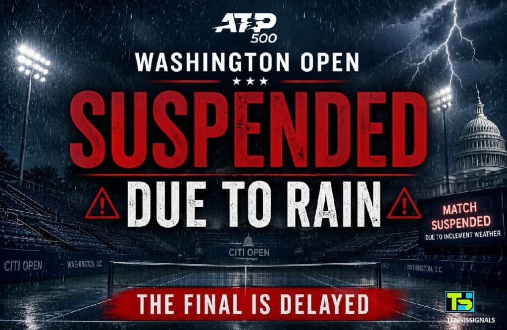 Graphic displaying the suspension of the ATP Washington 2026 final due to severe rain and storms.