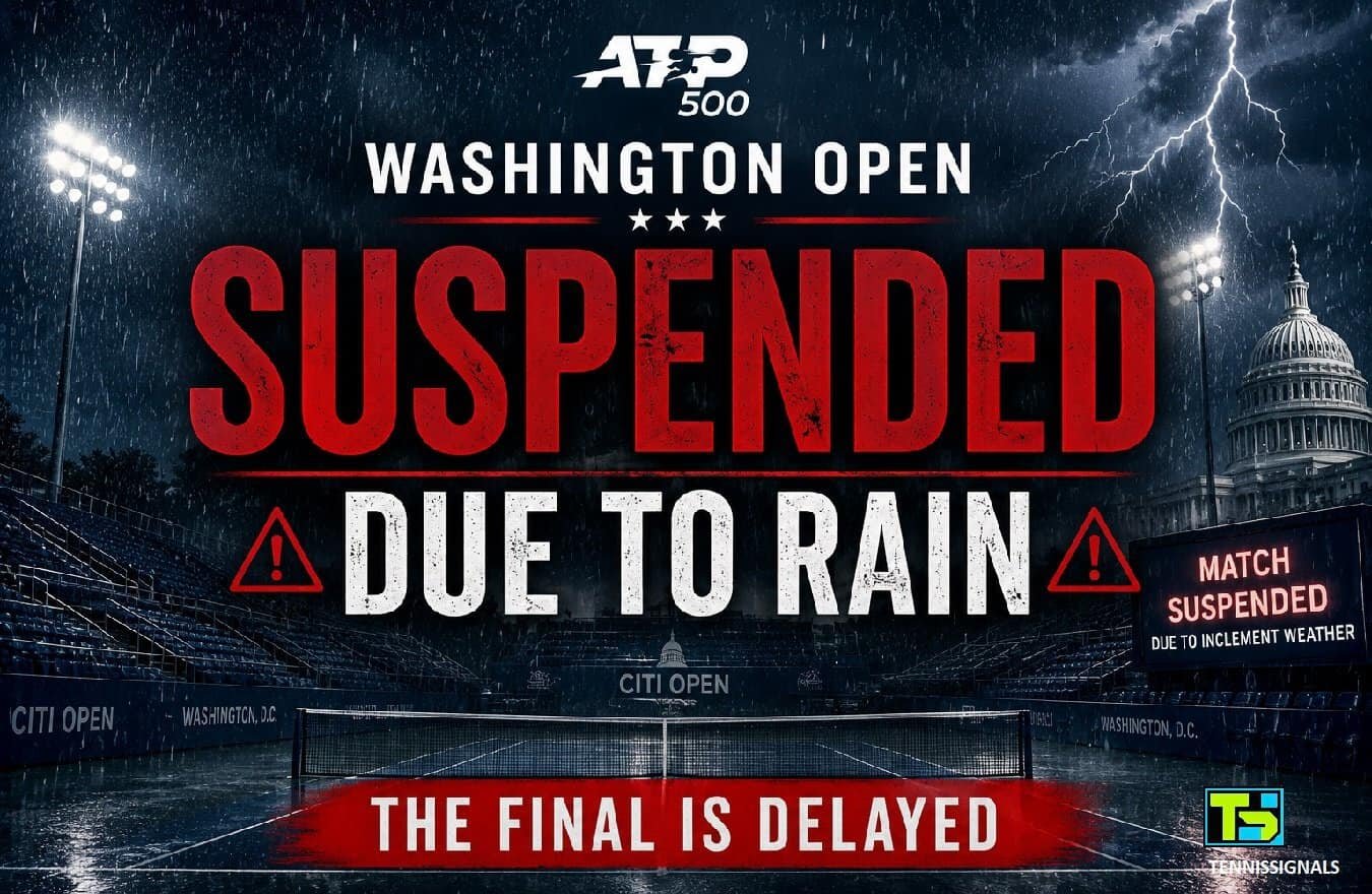 Gráfica que muestra la suspensión de la final del ATP Washington 2026 debido a la lluvia y las tormentas.