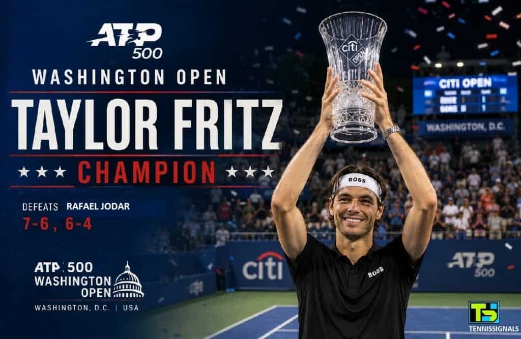 Taylor Fritz soulève le trophée du vainqueur du tournoi ATP Washington 2026.