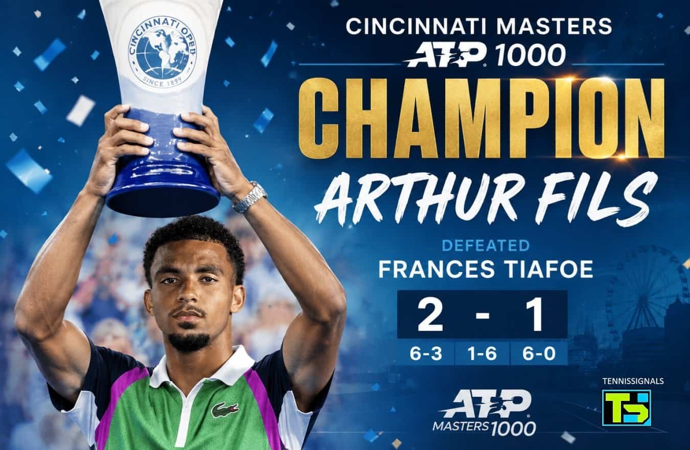 Graphique célébrant Arthur Fils en tant que champion du Masters de Cincinnati 2026, soulevant le trophée après avoir battu Frances Tiafoe 2-1 (6-3, 1-6, 6-0).