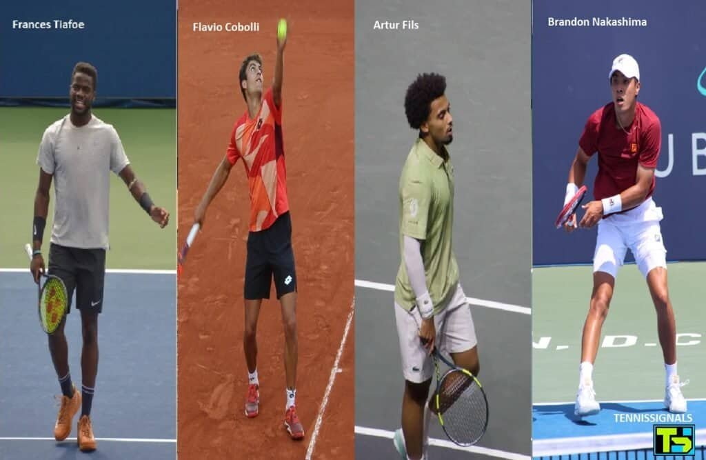 Collage des joueurs de tennis Frances Tiafoe, Flavio Cobolli, Arthur Fils et Brandon Nakashima