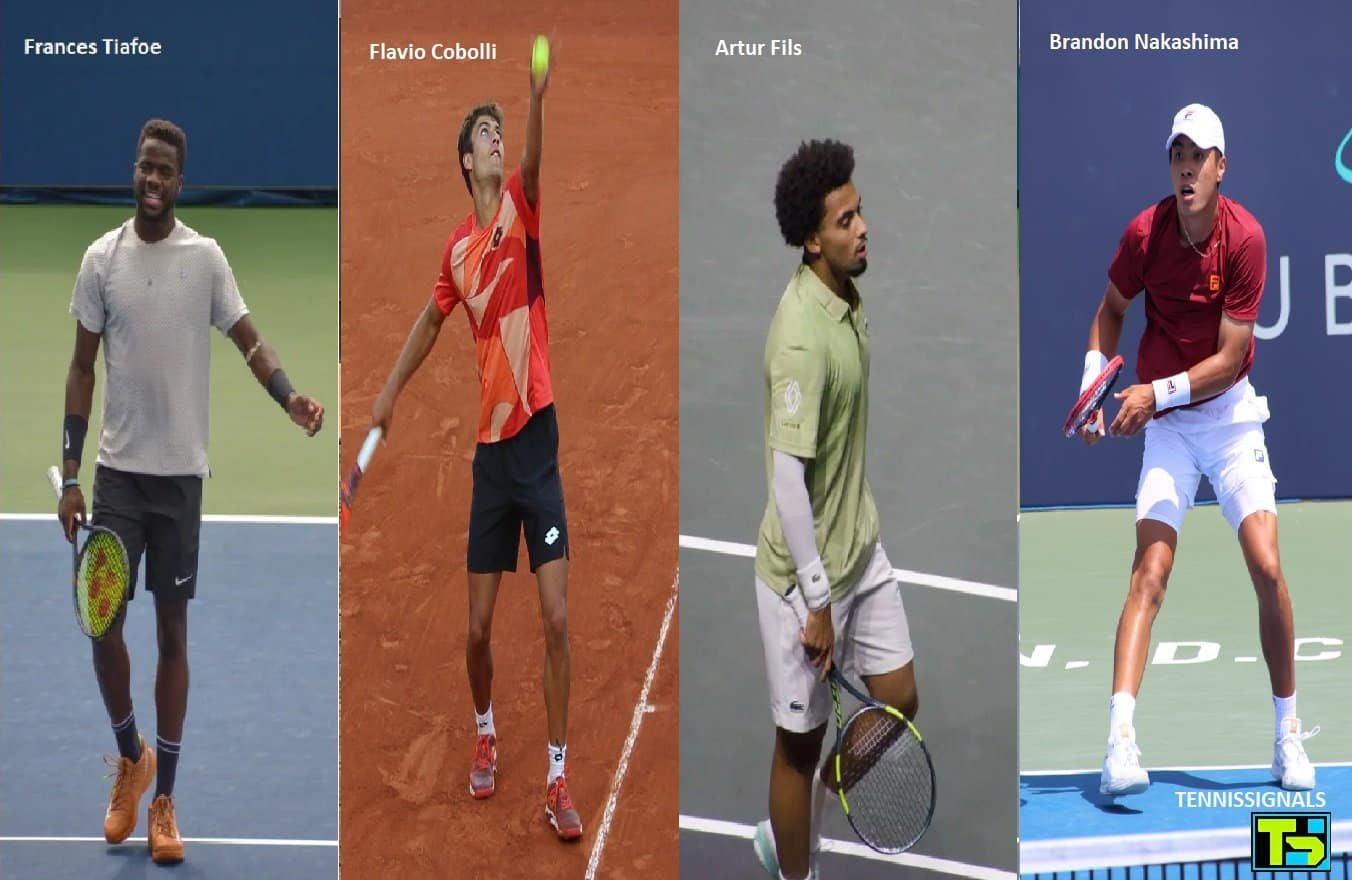 Collage des joueurs de tennis Frances Tiafoe, Flavio Cobolli, Arthur Fils et Brandon Nakashima