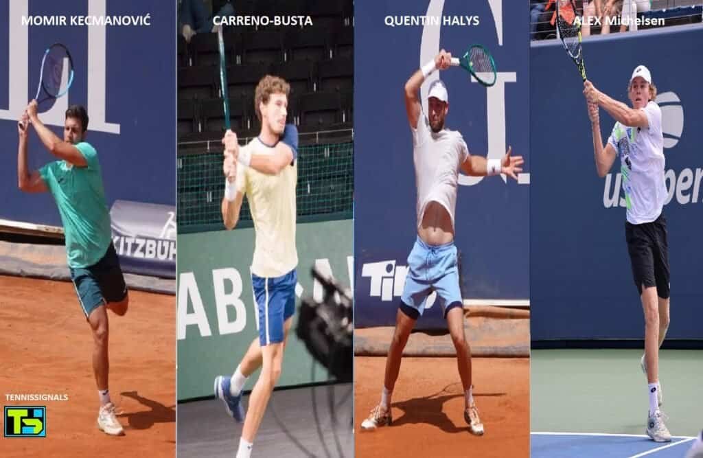 Miomir Kecmanovic, Pablo Carreno-Busta, Quentin Halys et Alex Michelsen frappant la balle.
