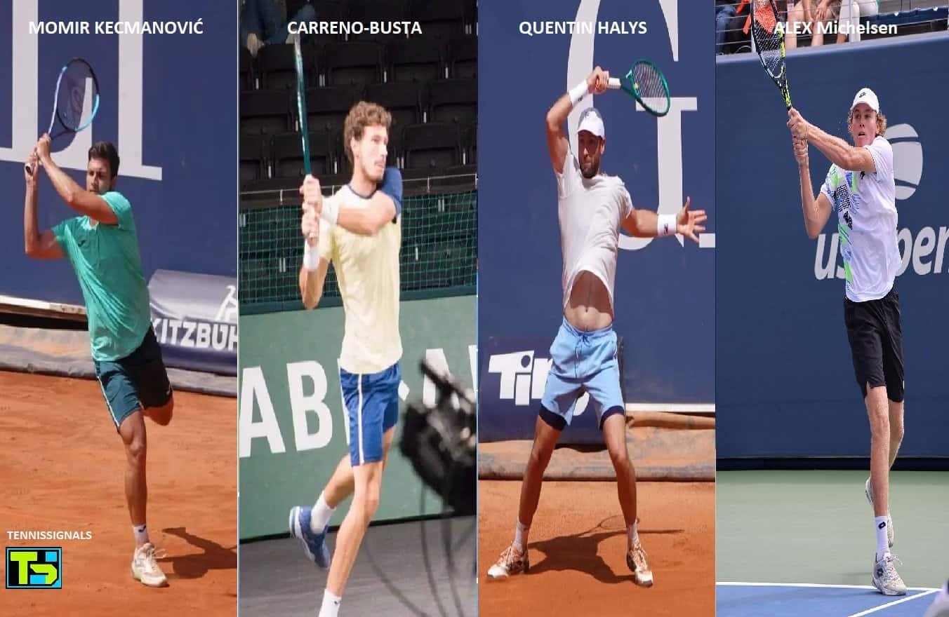 Miomir Kecmanovic, Pablo Carreno-Busta, Quentin Halys et Alex Michelsen frappant la balle.