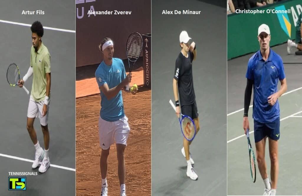 Collage of tennis players Arthur Fils, Alexander Zverev, Alex De Minaur, and Christopher O'Connell on the court