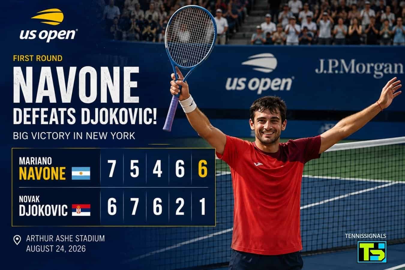 Graphique illustrant la victoire en cinq sets de Mariano Navone contre Novak Djokovic au premier tour de l'US Open 2026 avec le score du match.