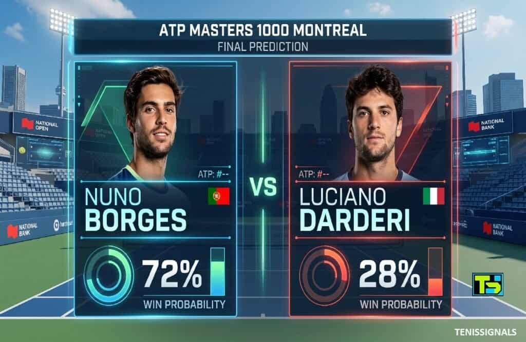 Win prediction graphic for Nuno Borges versus Luciano Darderi at the ATP Masters 1000 Montreal, showing Borges with a 72% chance of winning and Darderi with a 28% chance.