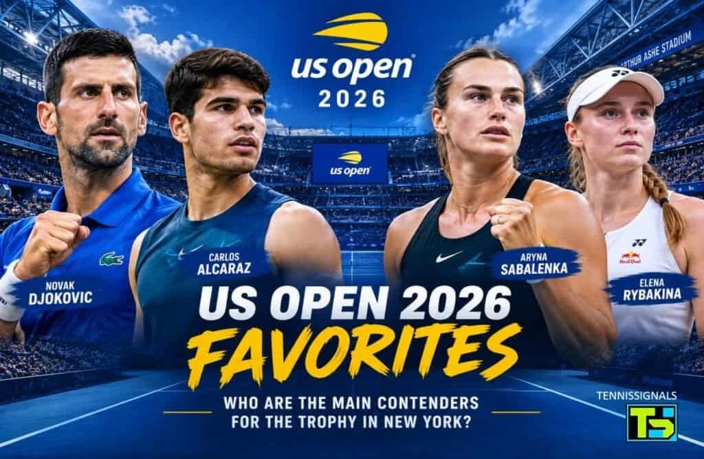 Graphic of US Open 2026 title favorites featuring Novak Djokovic, Carlos Alcaraz, Aryna Sabalenka, and Elena Rybakina.