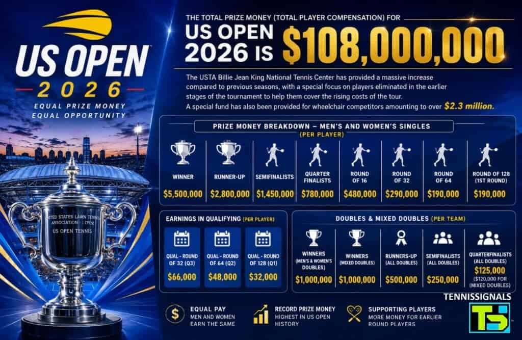 Infografía que muestra el desglose del premio récord de 108 millones de dólares para el torneo de tenis US Open 2026.