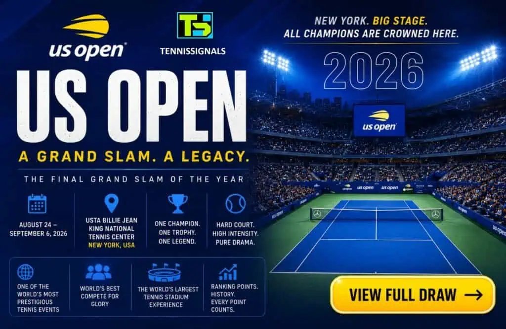 US Open 2026 tennis tournament graphic featuring schedule, draw, and location details in New York.