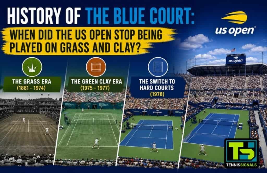 Infografika koja prikazuje istoriju podloga na US Openu, od ere trave i zelene šljake do modernih plavih betonskih terena.