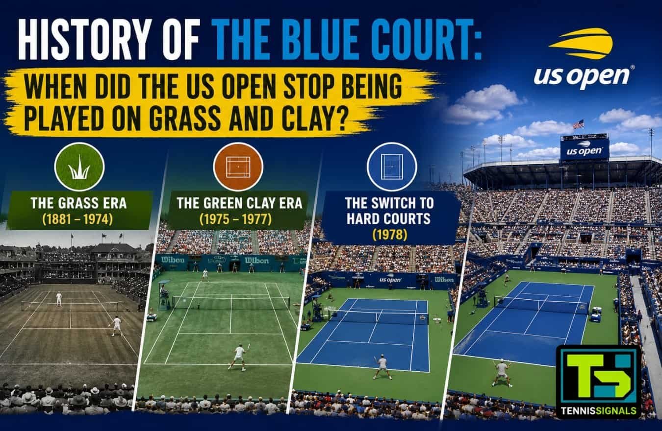 Infographie montrant l'histoire des surfaces des courts de tennis de l'US Open, de l'ère du gazon et de la terre battue verte aux courts en dur bleus modernes.