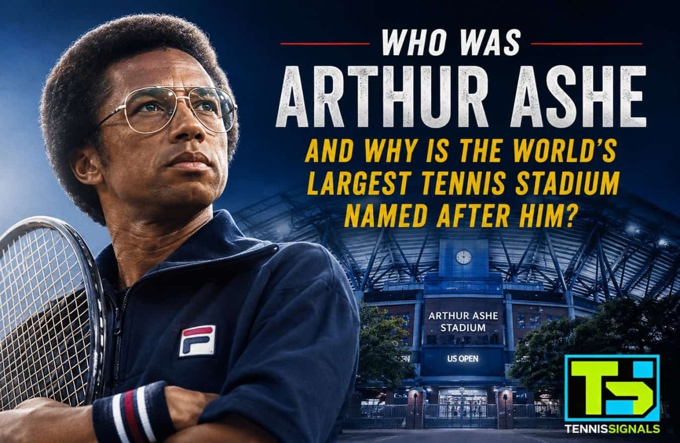 Grafika teniske legende Artura Eša i stadiona Artur Eš na US Openu, sa pitanjem zašto najveći teniski stadion nosi njegovo ime.