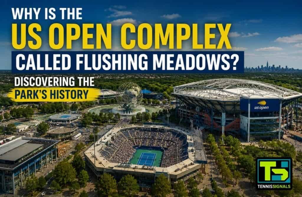 Vue aérienne du complexe de tennis de l'US Open et de l'Unisphere, avec un texte demandant pourquoi il s'appelle Flushing Meadows.
