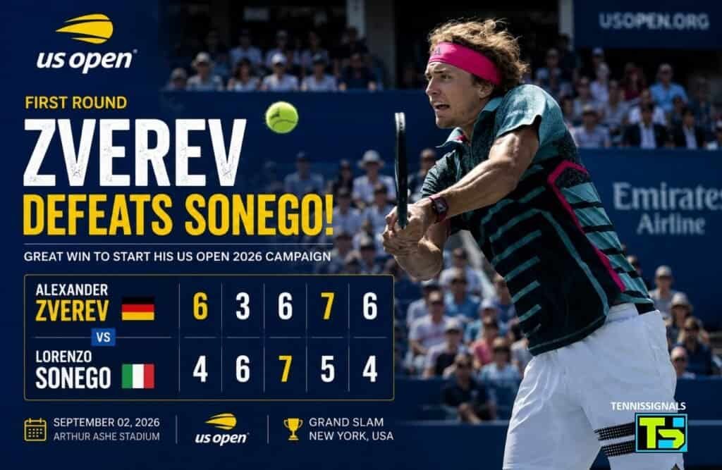 Graphic of Alexander Zverev with the official scoreline of his five-set victory over Lorenzo Sonego in the US Open 2026 first round.