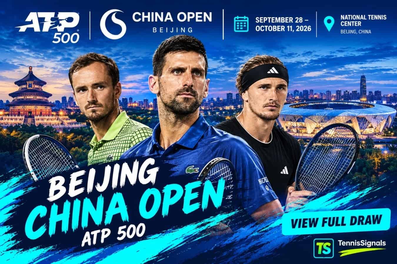 Novak Djokovic, Alexander Zverev, and Daniil Medvedev at the ATP 500 China Open 2026 in Beijing.