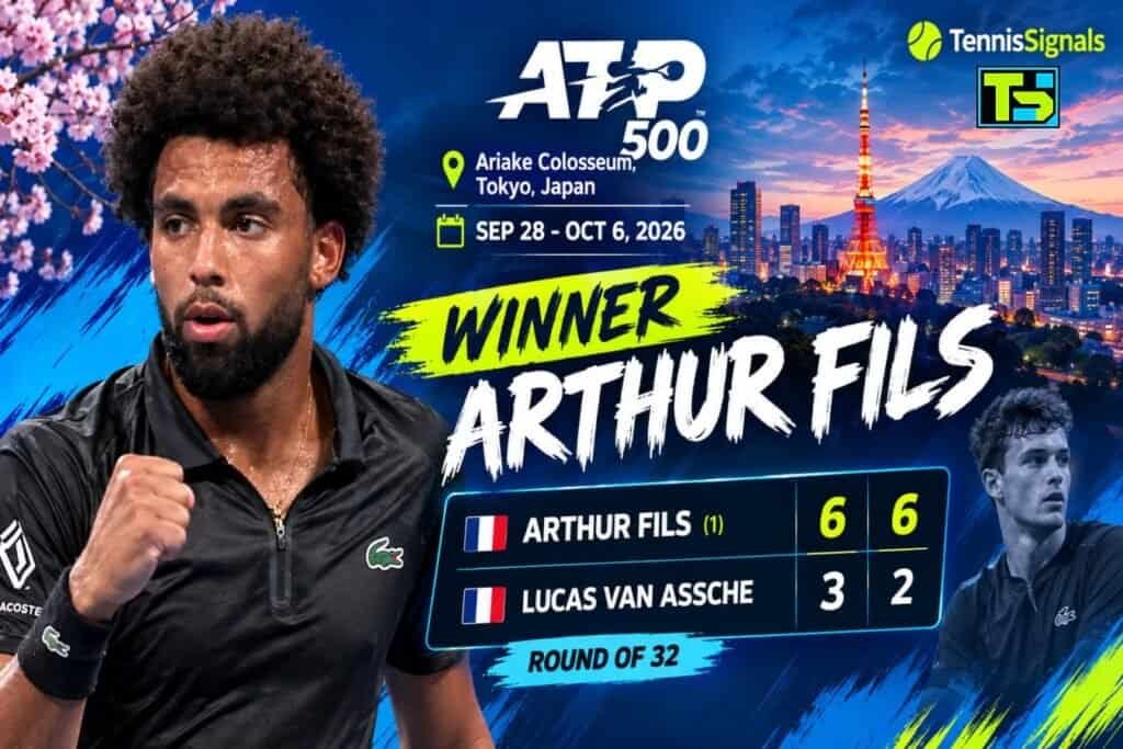 Gr&aacute;fico promocional que muestra la victoria de Arthur Fils sobre Luca Van Assche por 6-3, 6-2 en la primera ronda del ATP 500 Japan Open 2026 en Tokio.