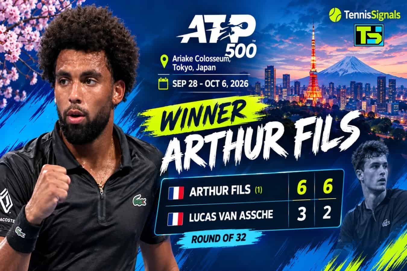 Gráfico promocional que muestra la victoria de Arthur Fils sobre Luca Van Assche por 6-3, 6-2 en la primera ronda del ATP 500 Japan Open 2026 en Tokio.