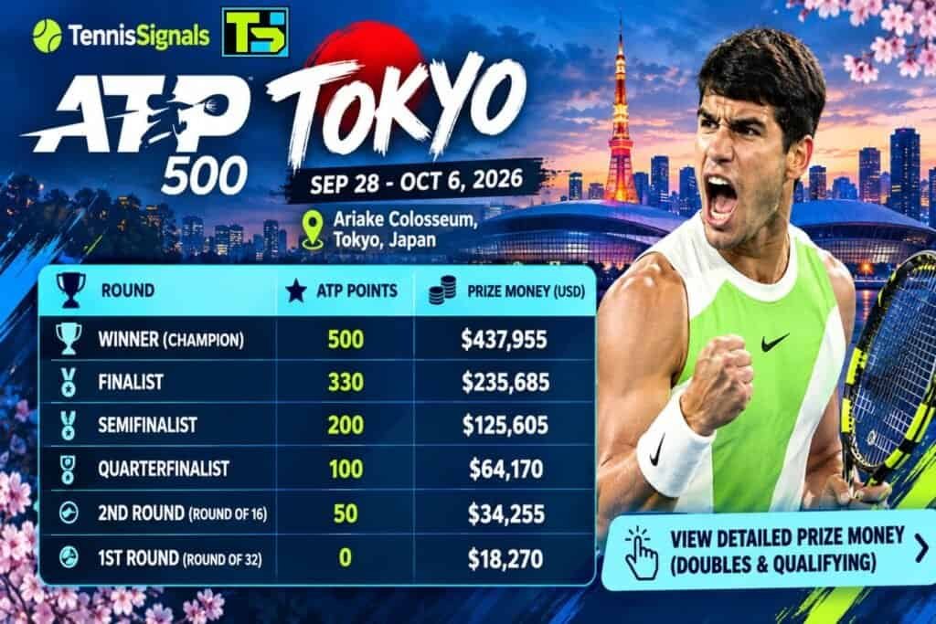 Tableau de la dotation et des points ATP de l'ATP 500 Japan Open 2026 avec Carlos Alcaraz.