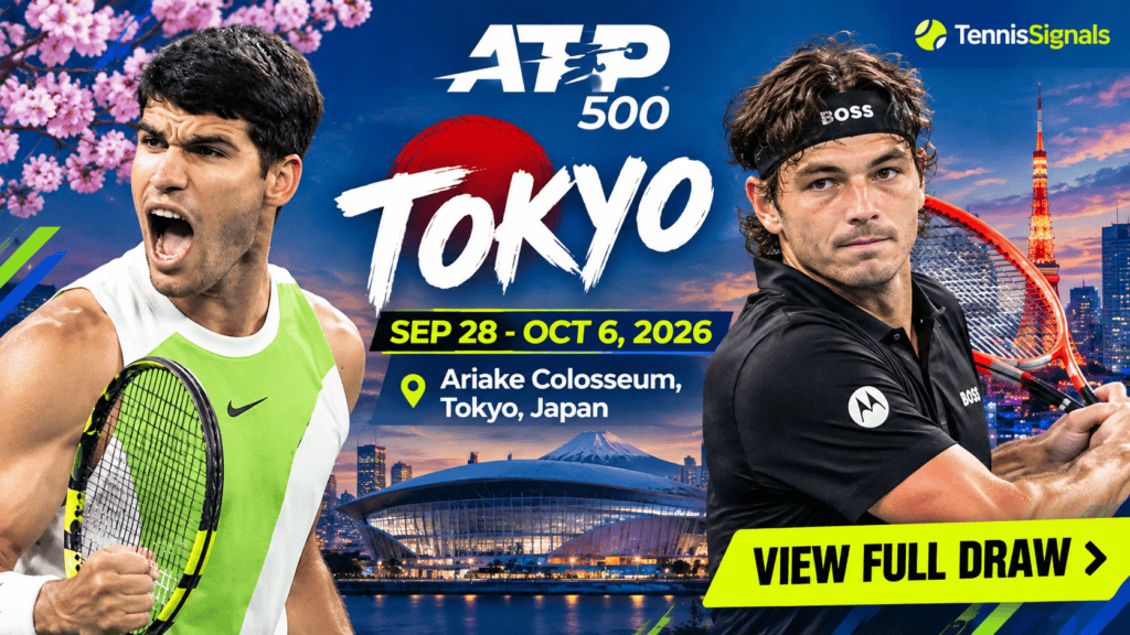 Imagen promocional para el ATP 500 Japan Open en Tokio, con Carlos Alcaraz y Taylor Fritz, junto con los detalles del cuadro del torneo.