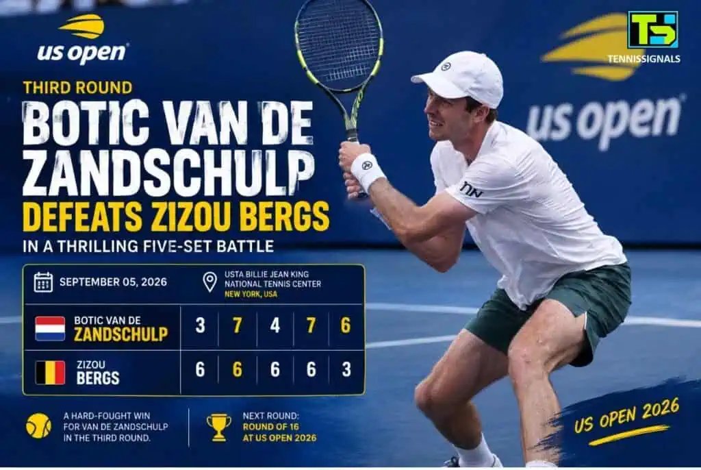 Botic van de Zandshulp celebrates his five-set win against Zizou Bergs at the US Open 2026 third round.