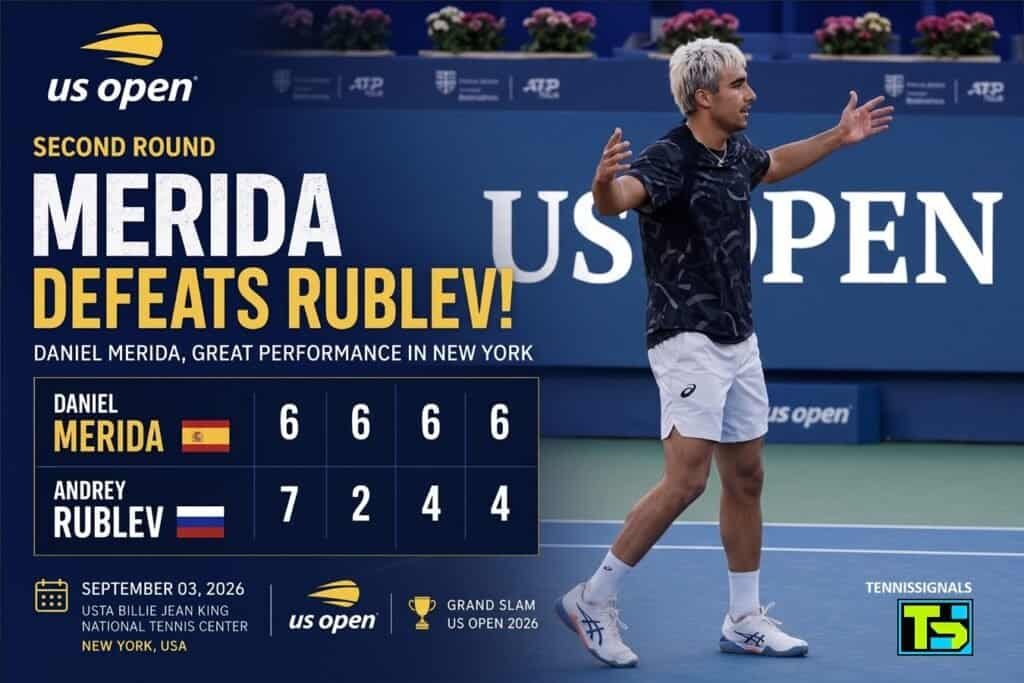 Graphic showing Daniel Merida celebrating his four-set victory over Andrey Rublev in the second round of the US Open 2026.