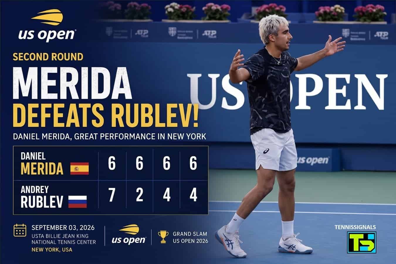 Gráfico de Daniel Mérida celebrando su victoria en cuatro sets sobre Andrey Rublev en la segunda ronda del US Open 2026 con el marcador oficial.