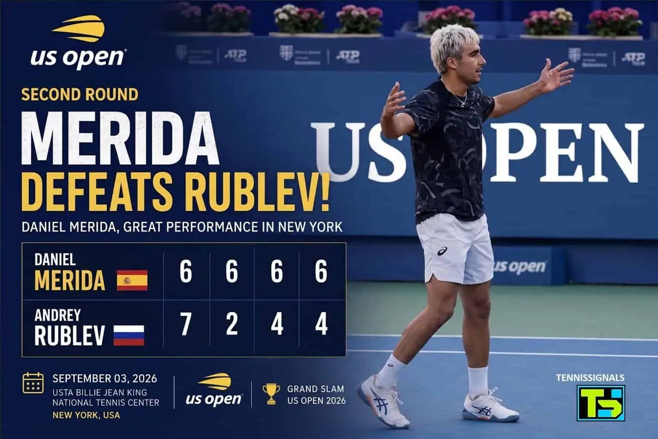 Graphic showing Daniel Merida celebrating his four-set victory over Andrey Rublev in the second round of the US Open 2026.