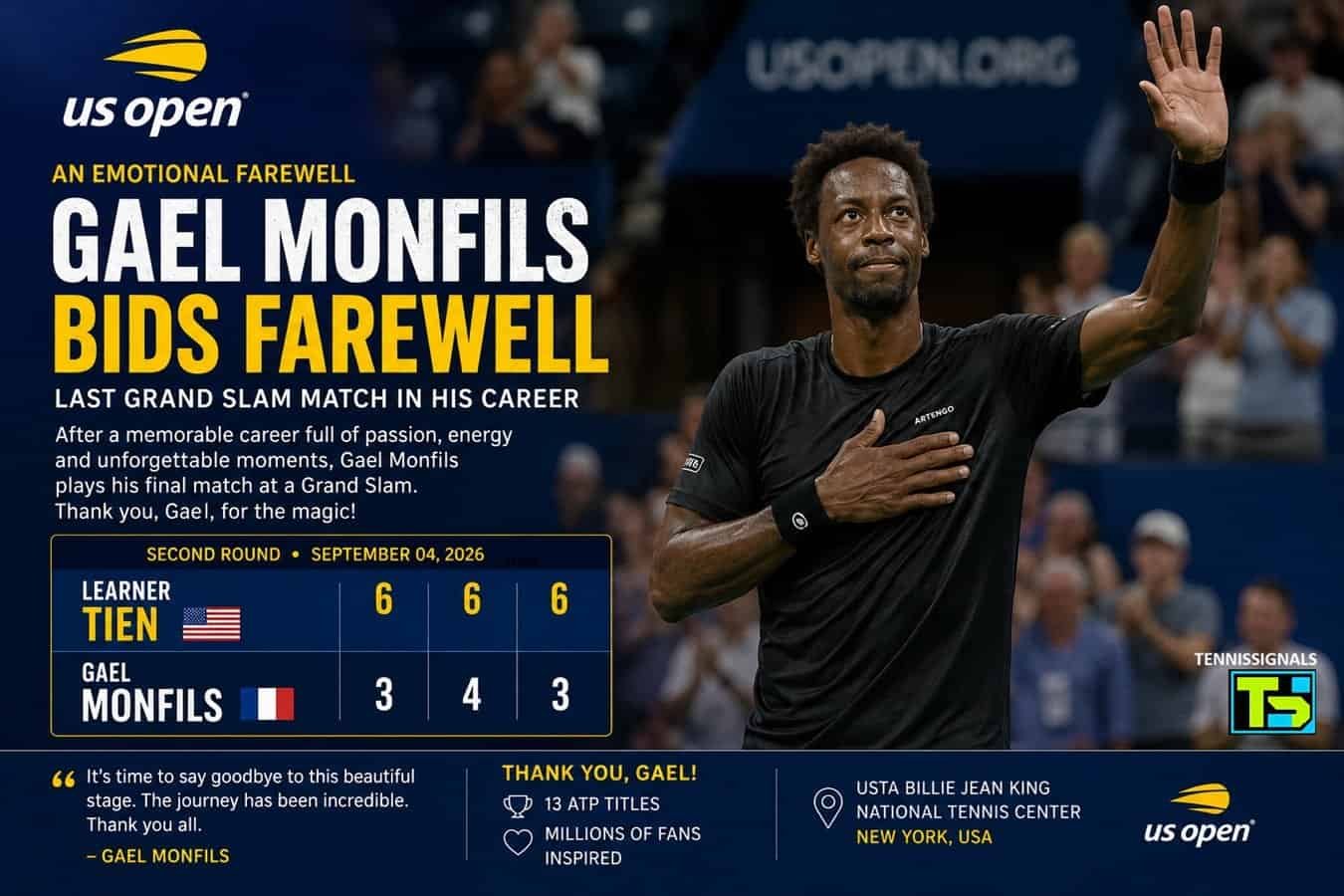 Graphique de Gaël Monfils saluant le public après son dernier match en Grand Chelem contre Learner Tien à l'US Open 2026.
