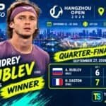 Imagen destacada de Andrey Rublev, ganador del partido de cuartos de final contra Hugo Gaston en el Hangzhou Open 2026, mostrando el resultado final de 6-7, 7-6, 6-1.