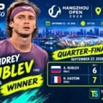 Istaknuta slika Andreja Rubljova, pobednika meča četvrtfinala protiv Iga Gastona na turniru Hangzhou Open 2026, sa prikazanim rezultatom 6:7, 7:6, 6:1.