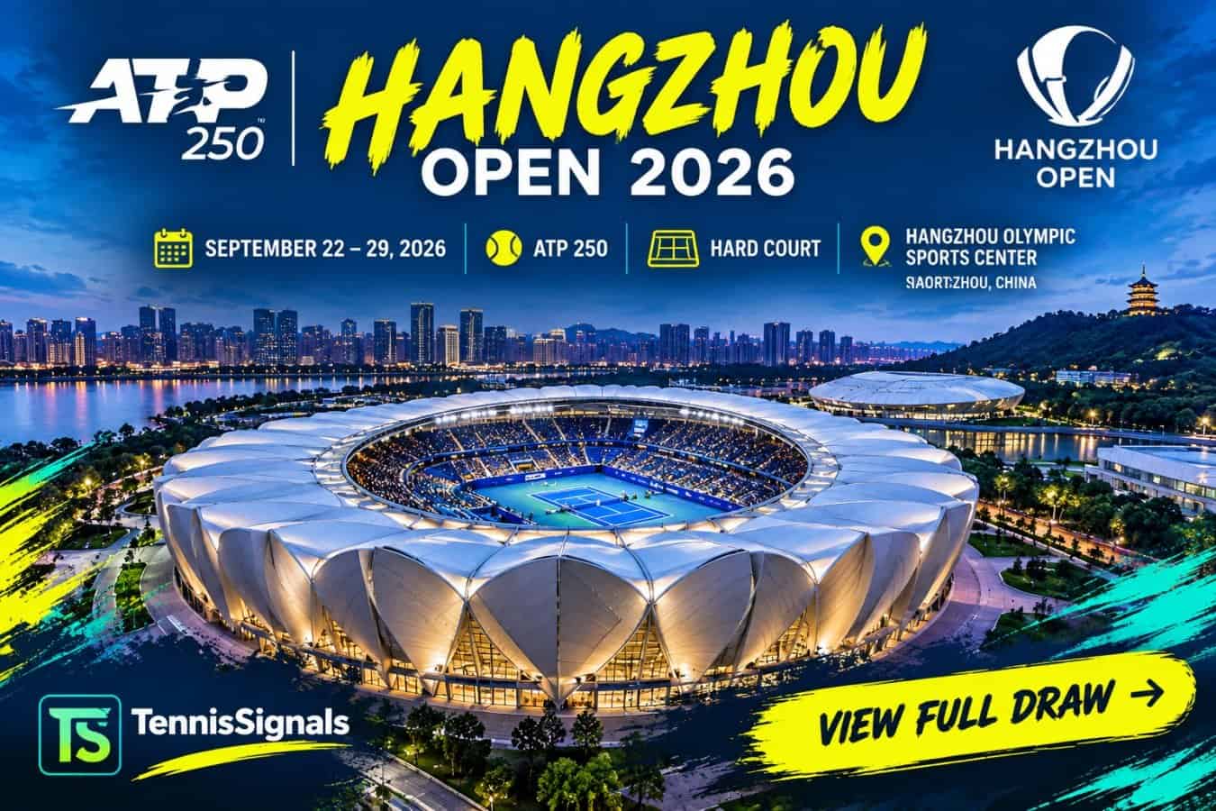 Image &agrave; la une du Hangzhou Open 2026 ATP 250, montrant le centre de tennis &eacute;clair&eacute; du centre sportif olympique de Hangzhou au cr&eacute;puscule avec les d&eacute;tails de l'&eacute;v&eacute;nement.