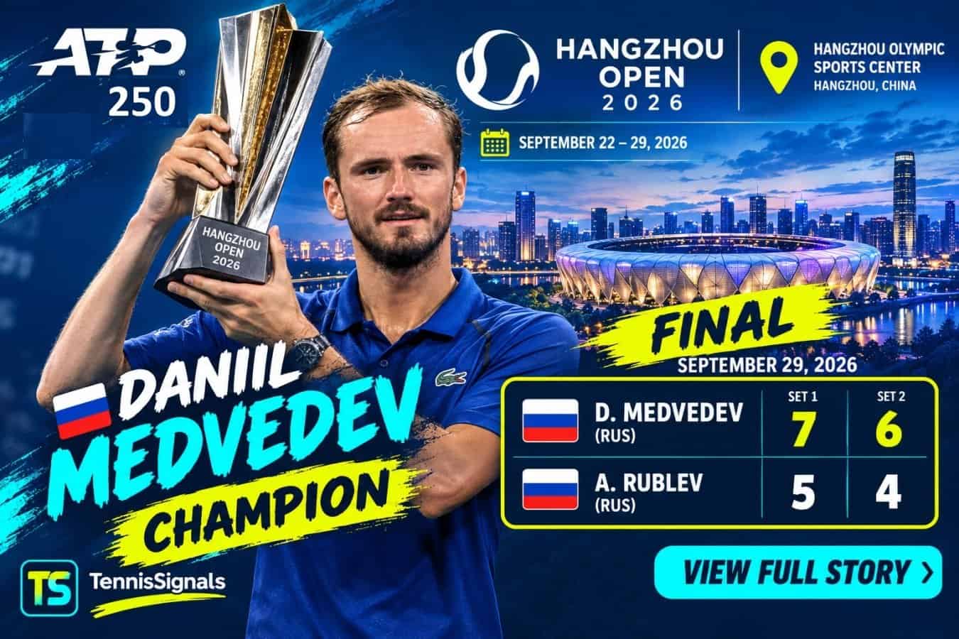 Image à la une de Daniil Medvedev soulevant le trophée en tant que champion du Hangzhou Open 2026 après sa victoire contre Andrey Rublev sur le score de 7-5, 6-4.